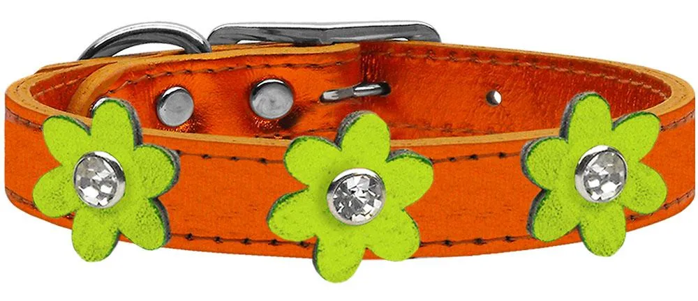 Metallic Flower Leather Collar Metallic Orange With Metallic Lime Green Flowers Size 18