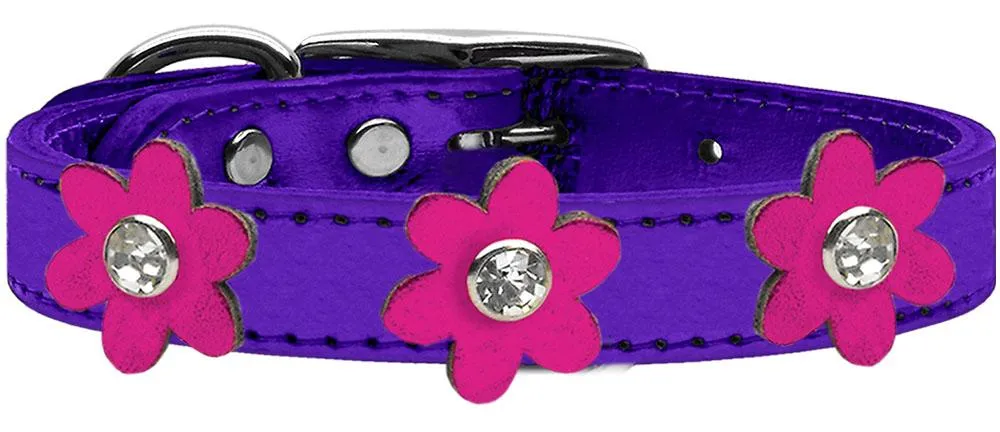 Metallic Flower Leather Collar Metallic Purple With Metallic Pink Flowers Size 22