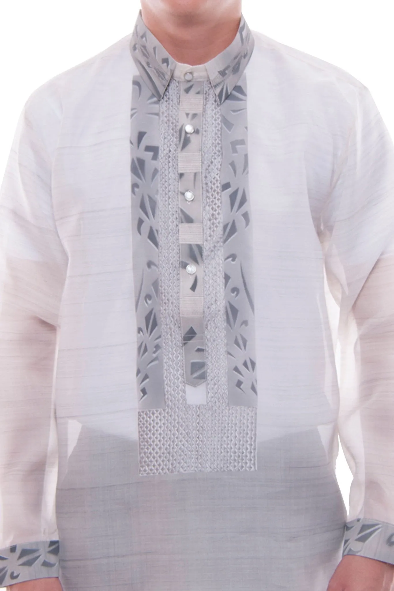 MJ35 - MADE-TO-ORDER - Jusi Pina Barong Tagalog Ethnic Painting Gray