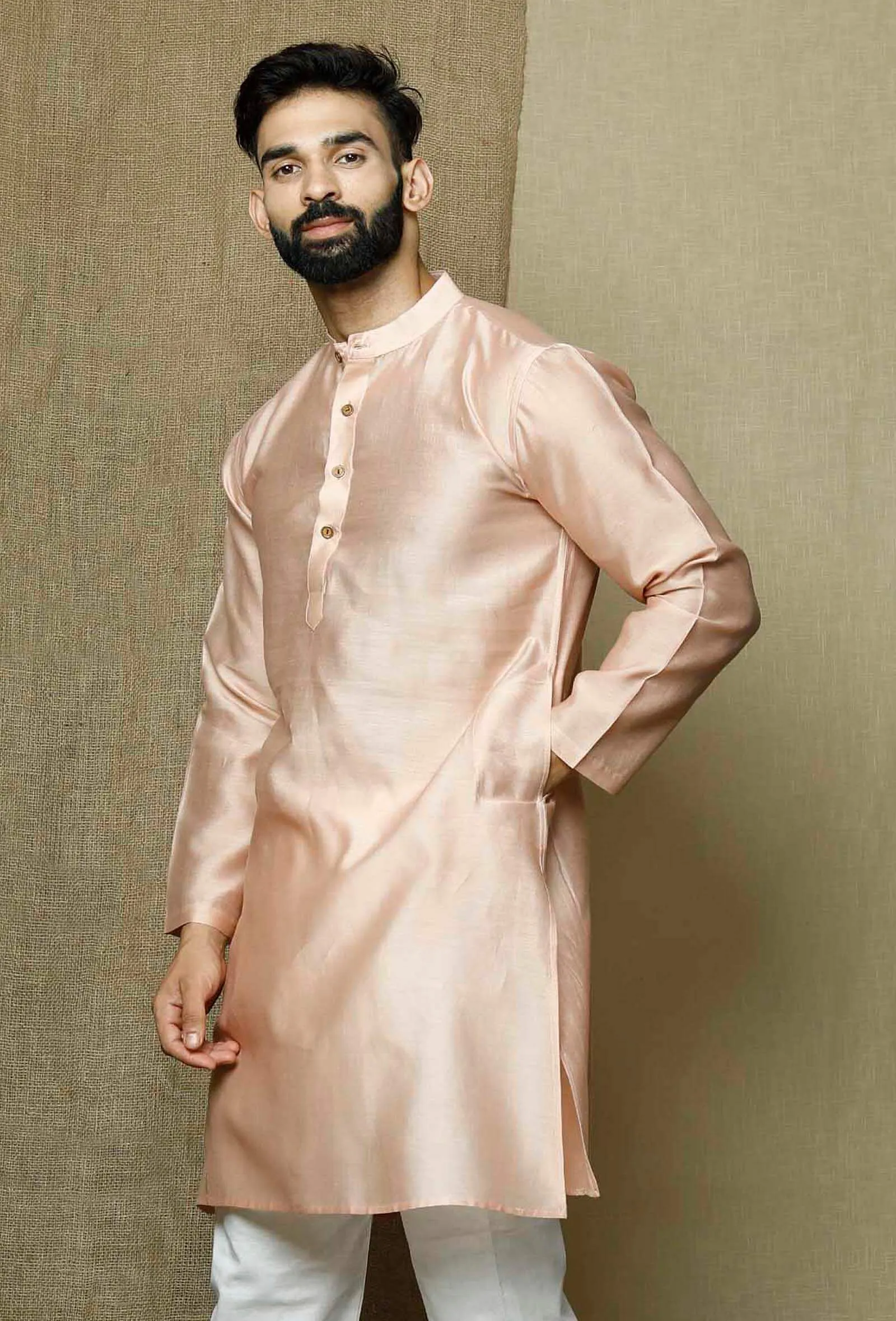 Muted Salmon Pink Pure Banarasi Silk Chanderi Kurta