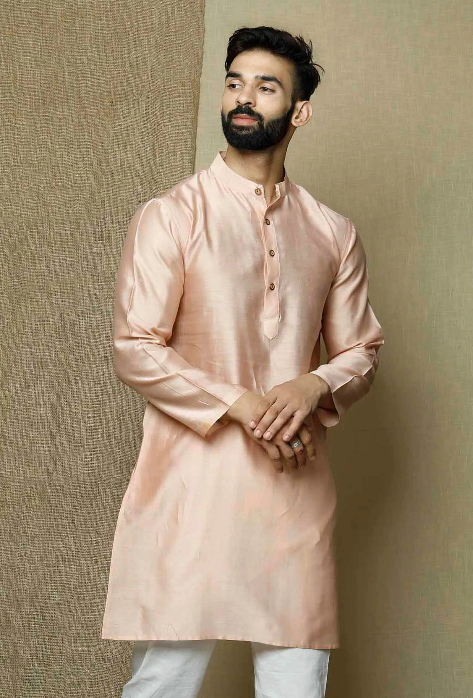 Muted Salmon Pink Pure Banarasi Silk Chanderi Kurta