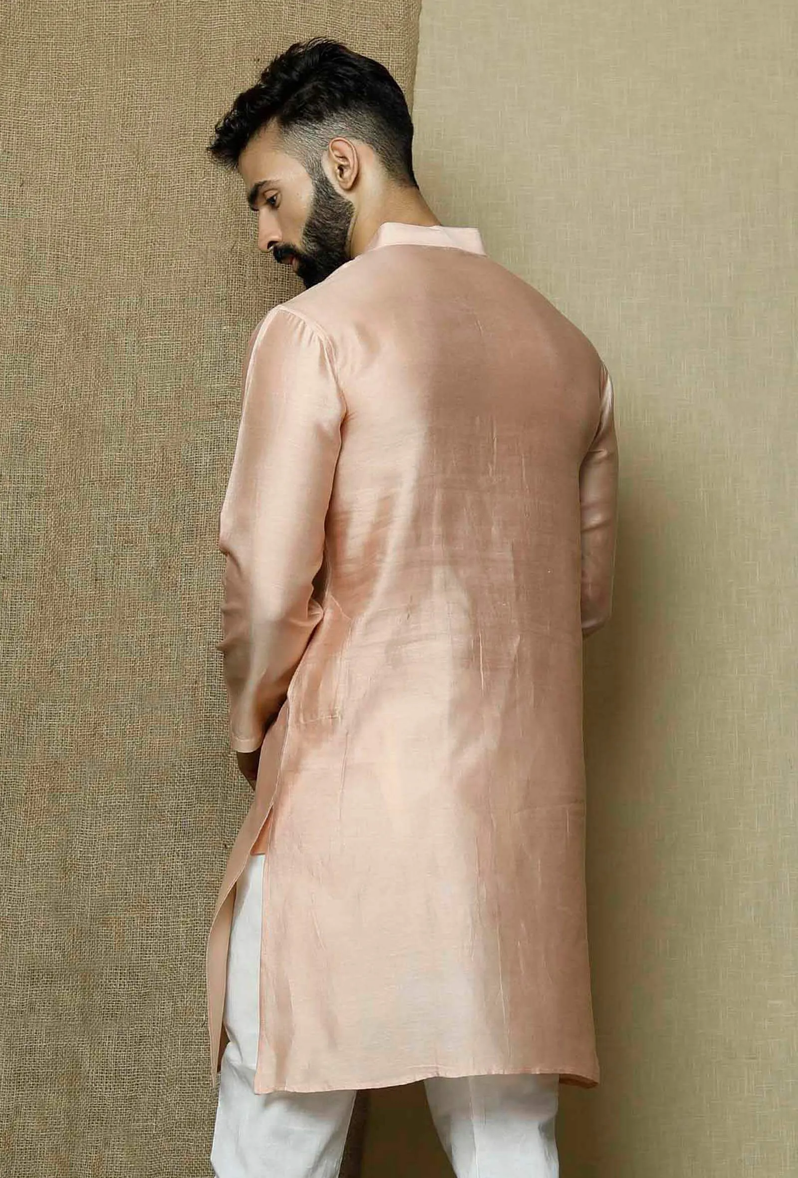 Muted Salmon Pink Pure Banarasi Silk Chanderi Kurta