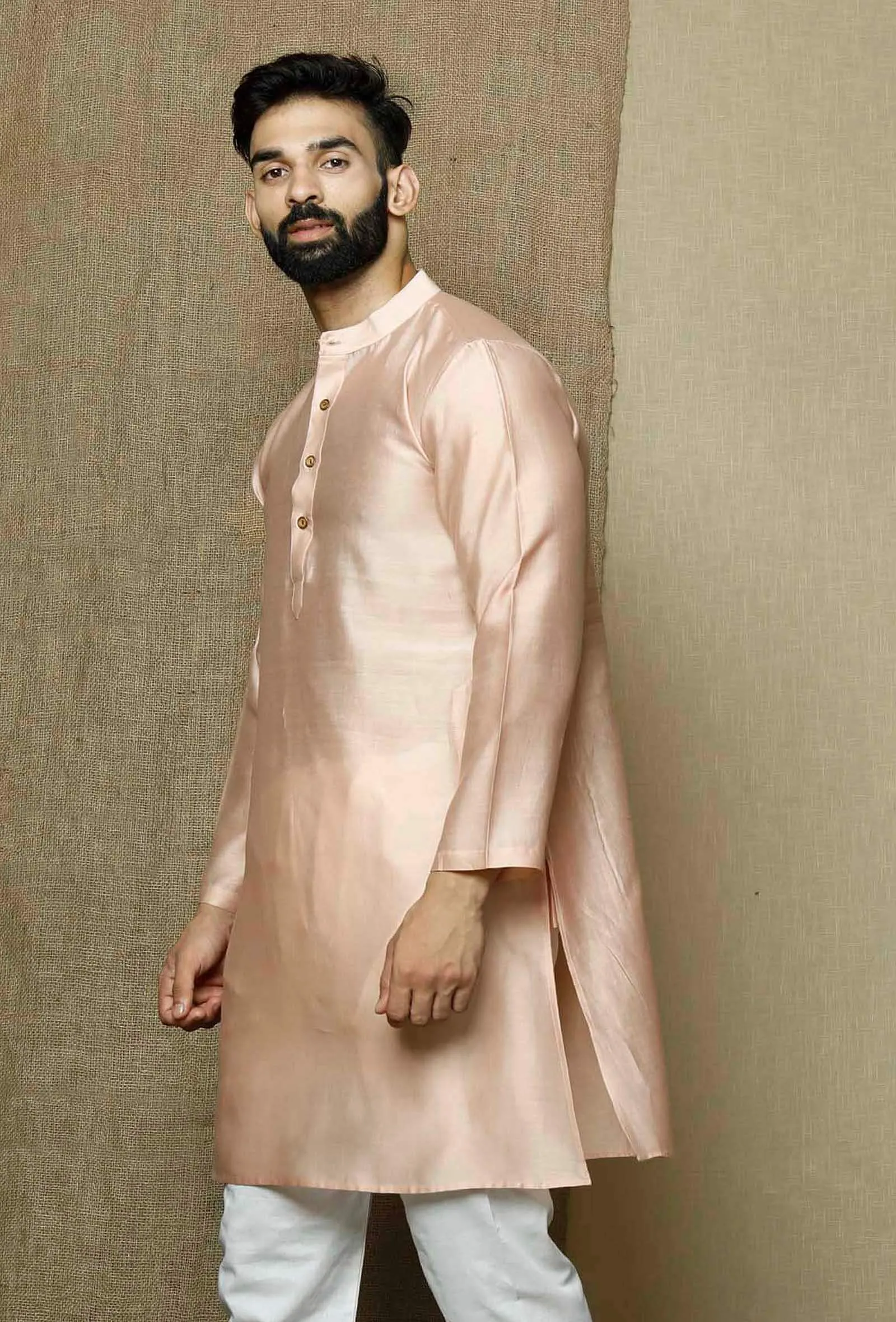 Muted Salmon Pink Pure Banarasi Silk Chanderi Kurta