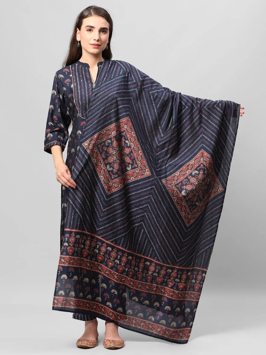 Navy Blue Floral Printed Kurta Trouser Dupatta