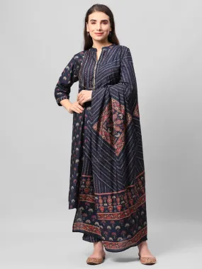 Navy Blue Floral Printed Kurta Trouser Dupatta