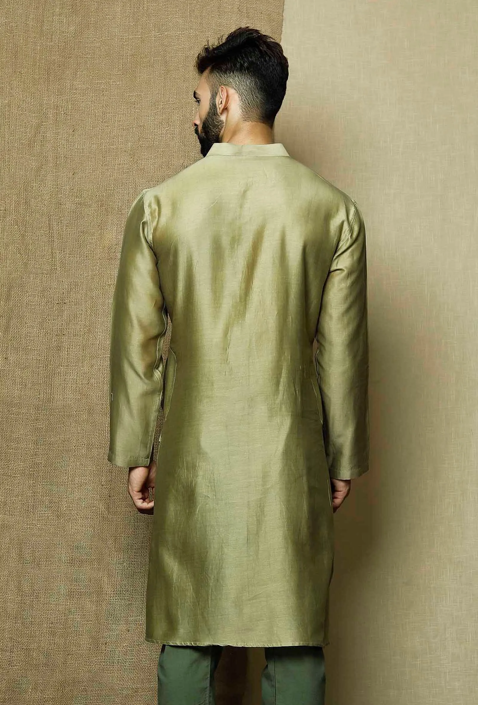 Olive Green Pure Banarasi Silk Chanderi Kurta