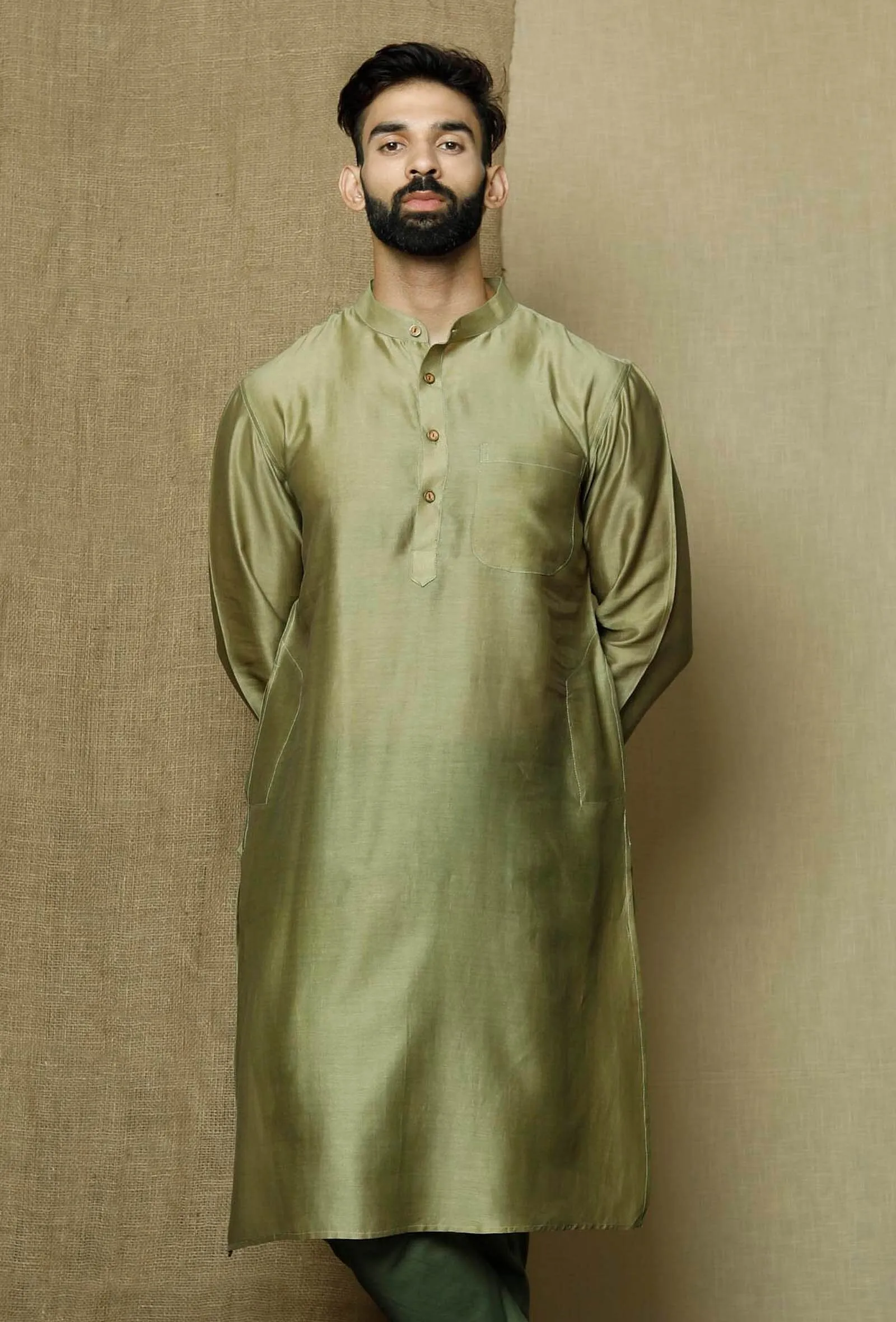 Olive Green Pure Banarasi Silk Chanderi Kurta