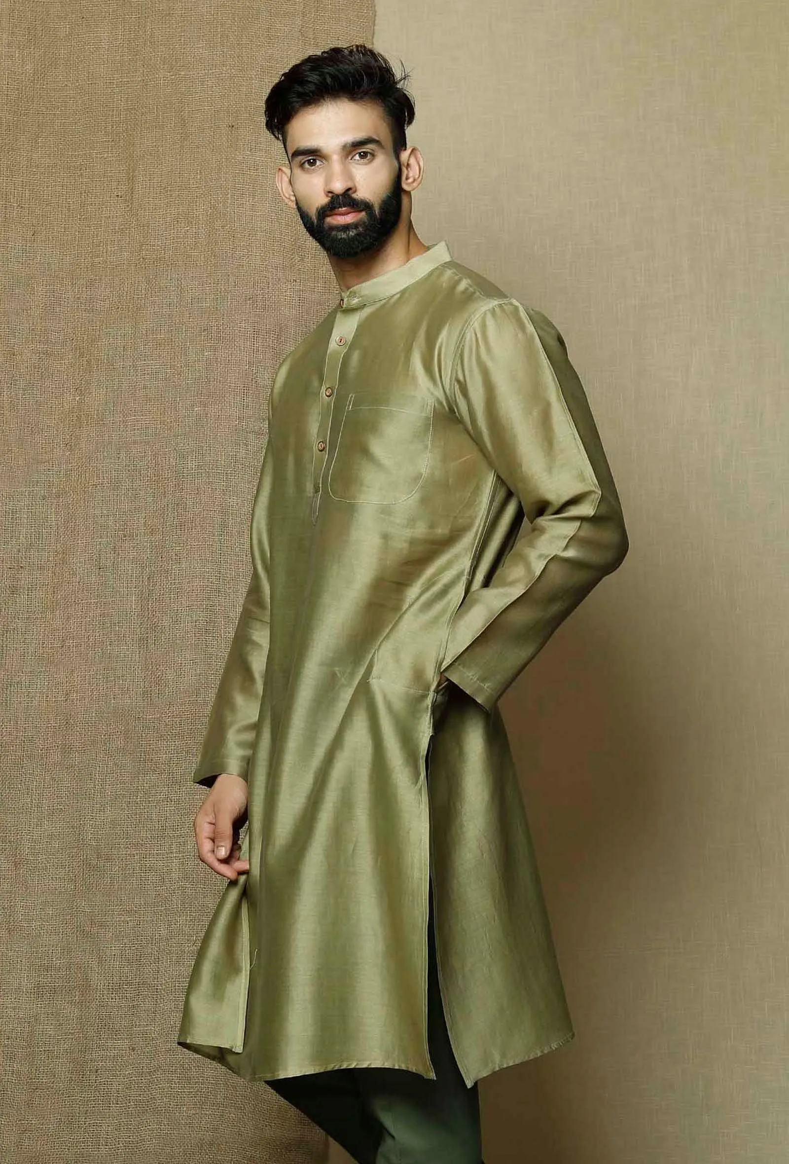 Olive Green Pure Banarasi Silk Chanderi Kurta