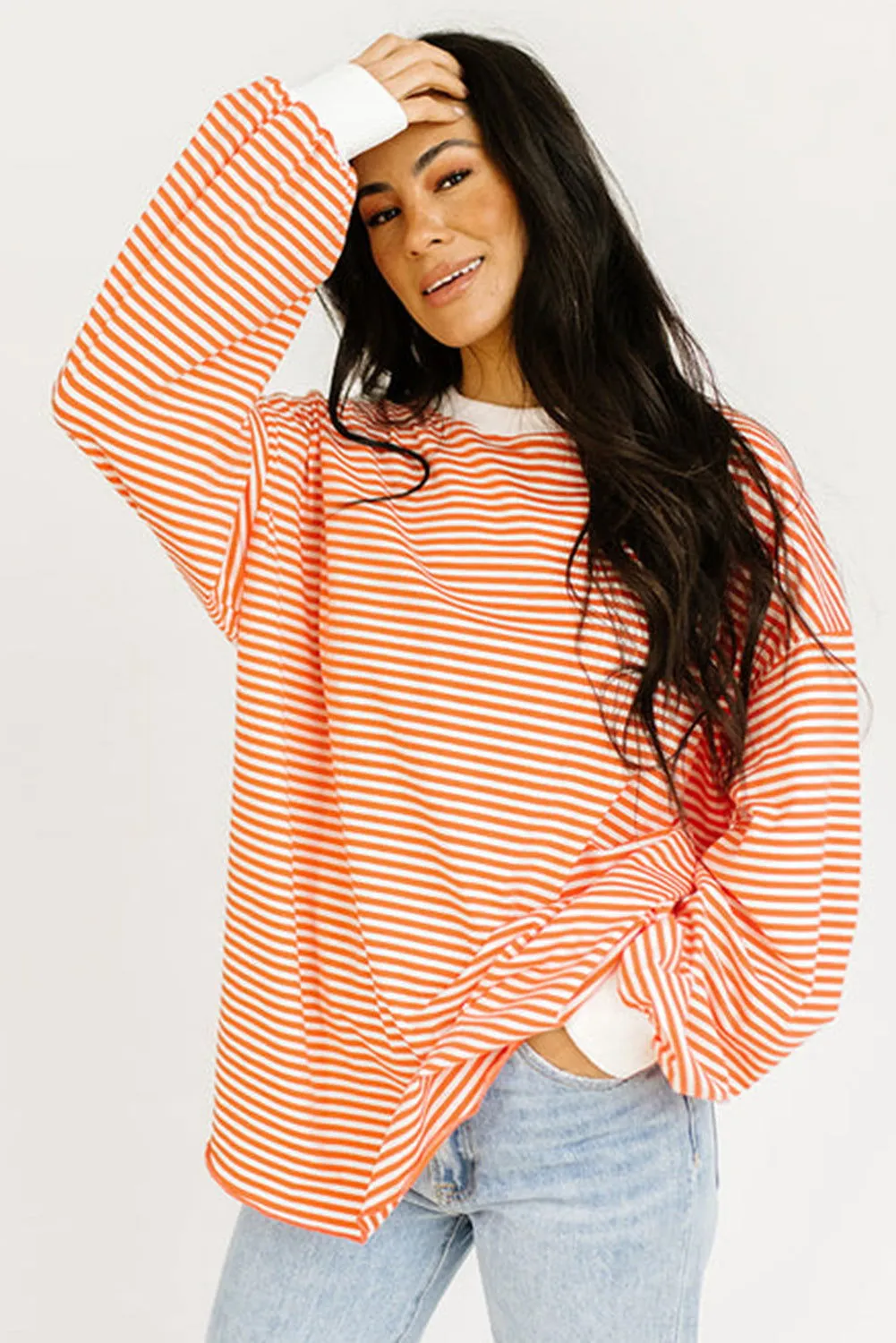 Orange & White Striped Contrast Trim Drop Sleeve Sweatshirt