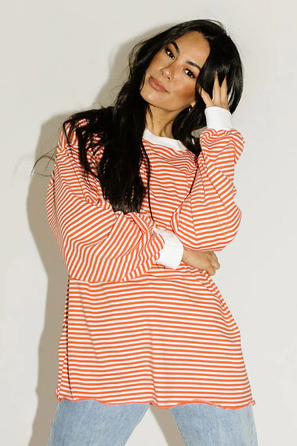 Orange & White Striped Contrast Trim Drop Sleeve Sweatshirt