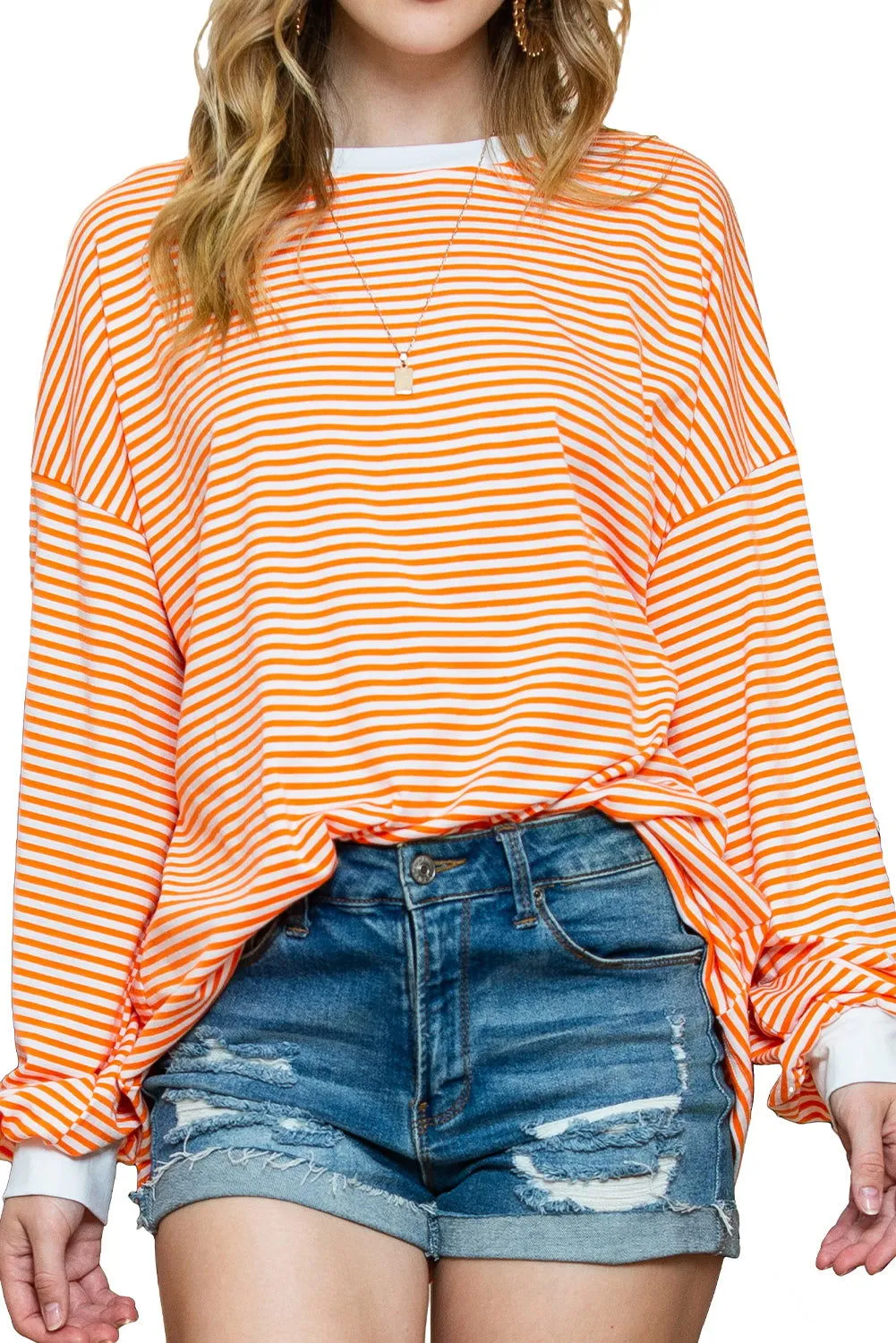 Orange & White Striped Contrast Trim Drop Sleeve Sweatshirt