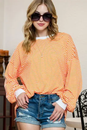 Orange & White Striped Contrast Trim Drop Sleeve Sweatshirt