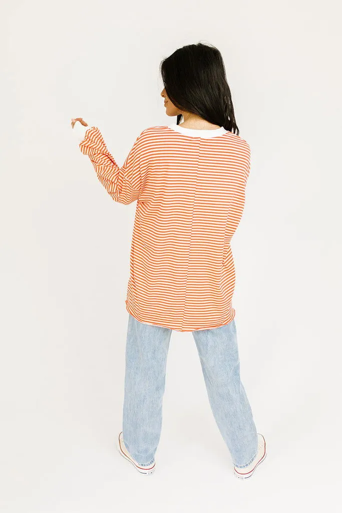 Orange & White Striped Contrast Trim Drop Sleeve Sweatshirt