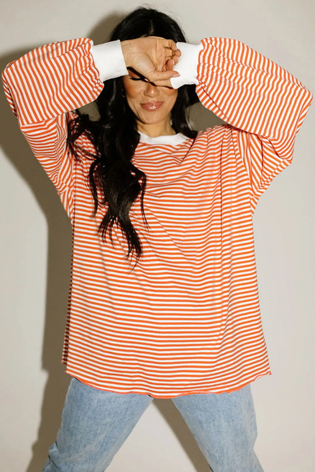 Orange & White Striped Contrast Trim Drop Sleeve Sweatshirt