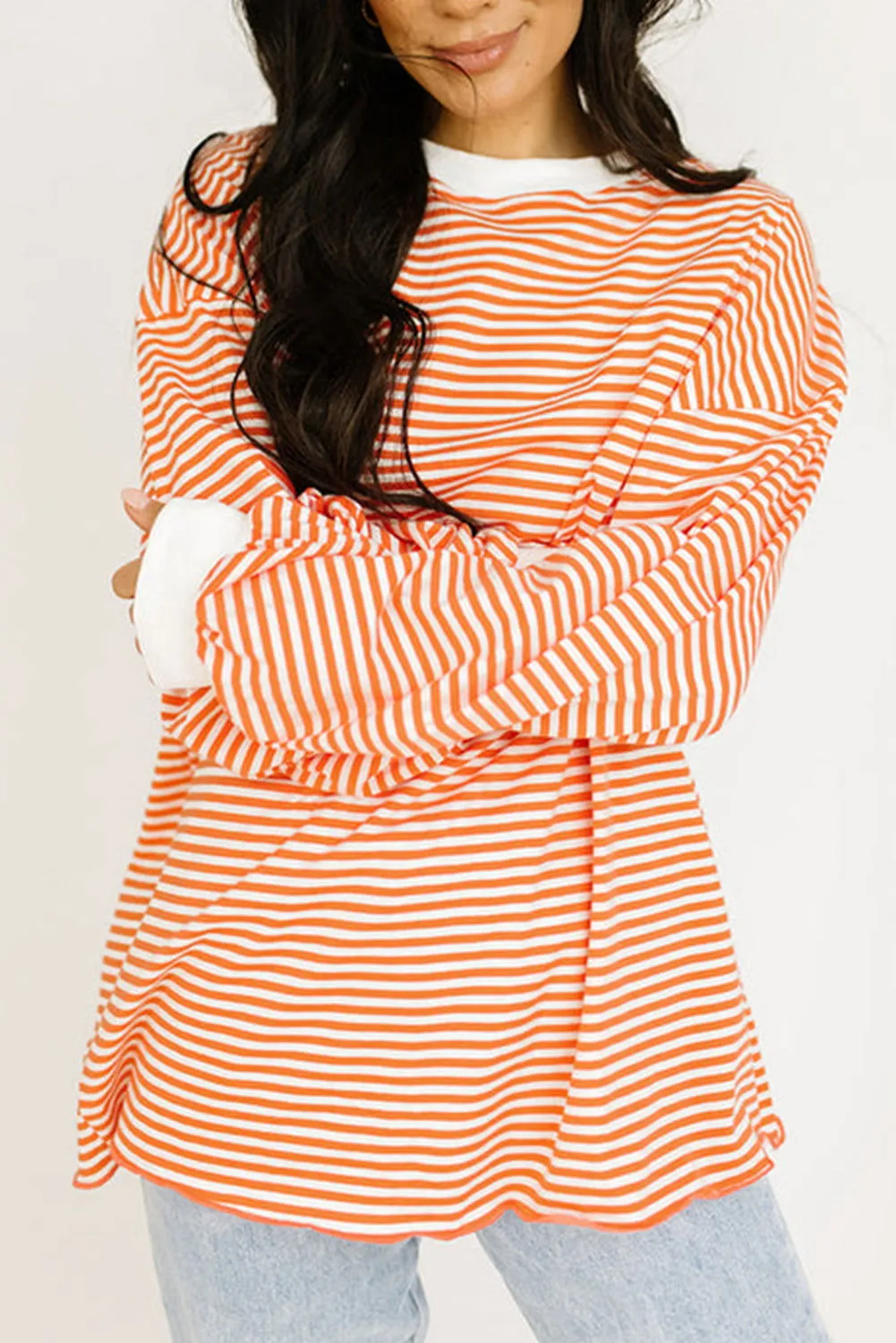 Orange & White Striped Contrast Trim Drop Sleeve Sweatshirt