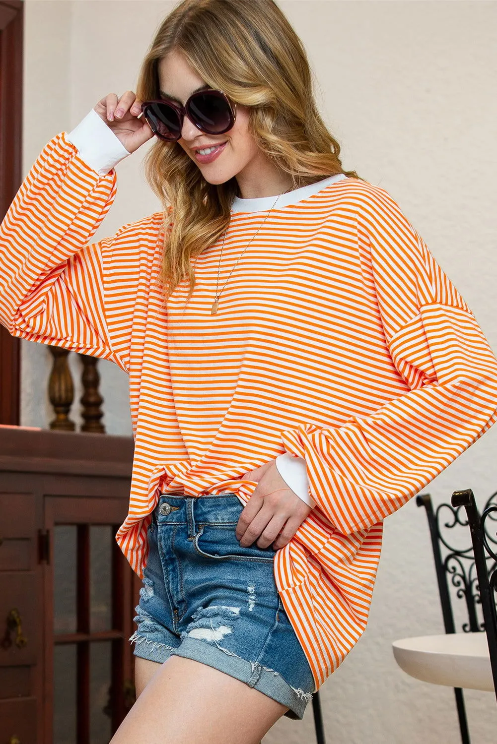 Orange & White Striped Contrast Trim Drop Sleeve Sweatshirt