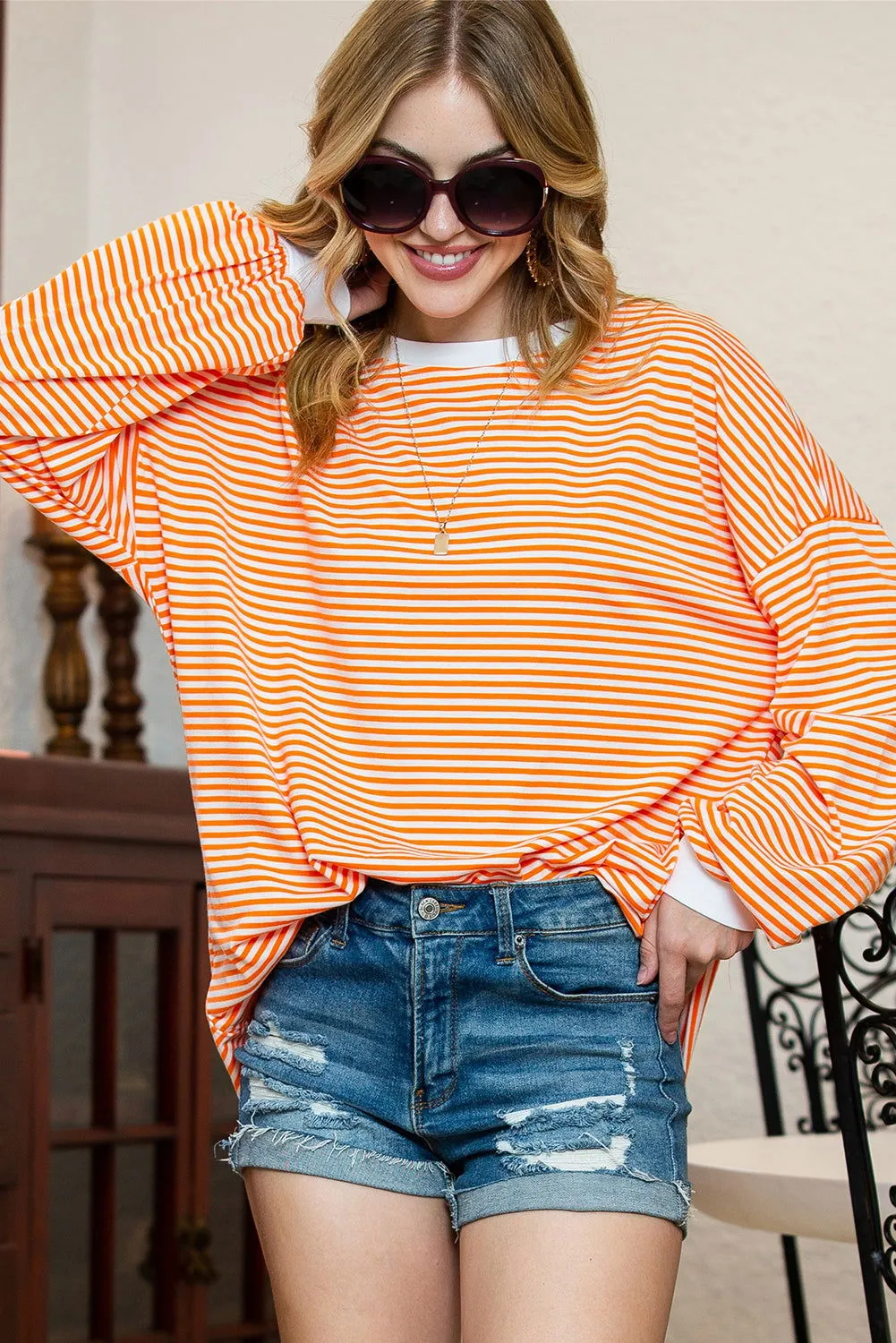 Orange & White Striped Contrast Trim Drop Sleeve Sweatshirt