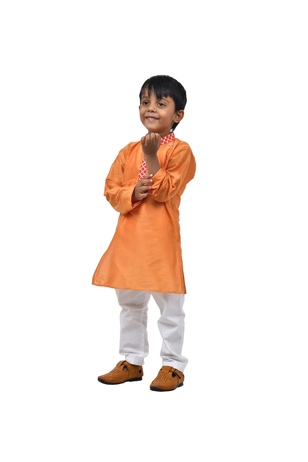 Orange kurta with one liner and white churidar