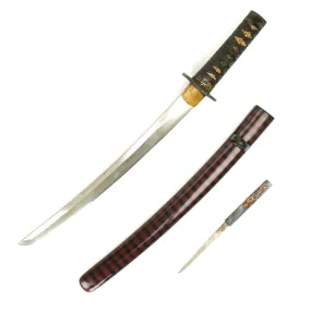 Original Japanese Ancient Wakizashi Sword by TOMOYUKI with Kogatana Knife in Lacquered Scabbard - Signed Blades