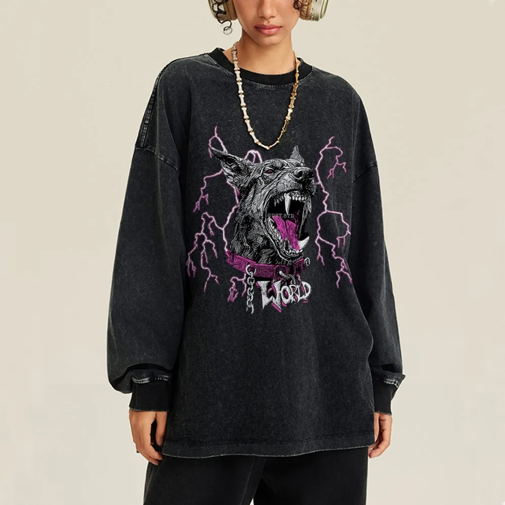 Oversized Vintage Washed Wolf Graphic Sweatshirt