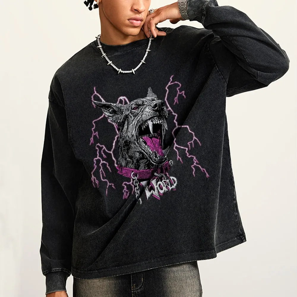 Oversized Vintage Washed Wolf Graphic Sweatshirt