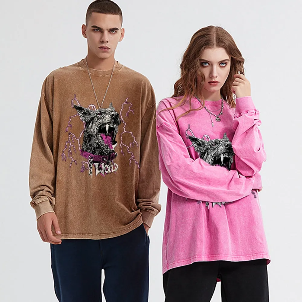 Oversized Vintage Washed Wolf Graphic Sweatshirt