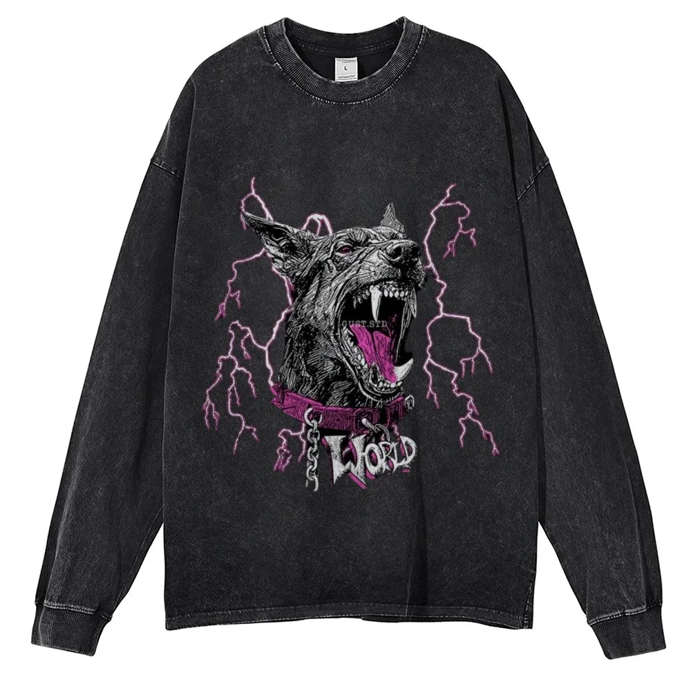 Oversized Vintage Washed Wolf Graphic Sweatshirt