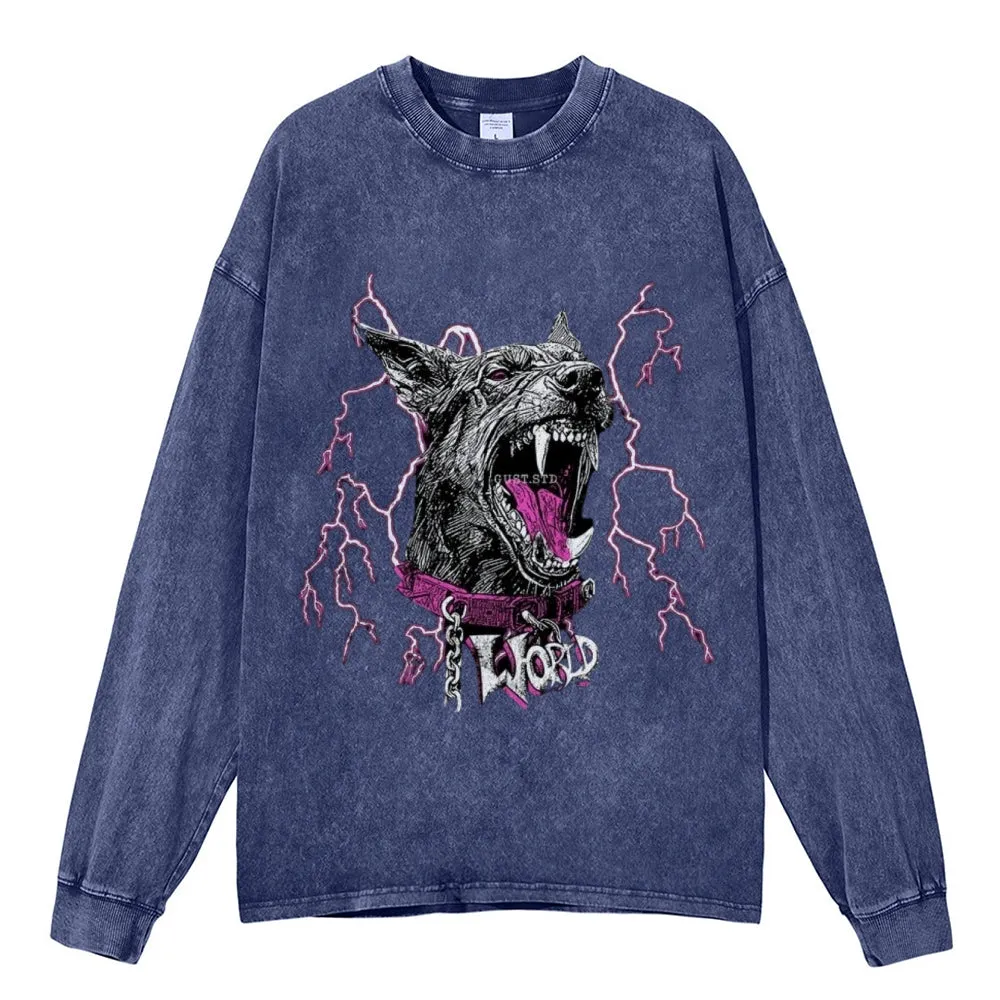 Oversized Vintage Washed Wolf Graphic Sweatshirt