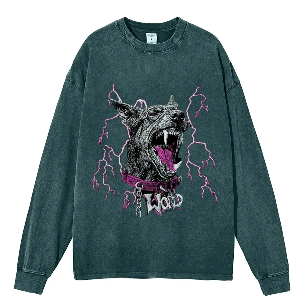 Oversized Vintage Washed Wolf Graphic Sweatshirt