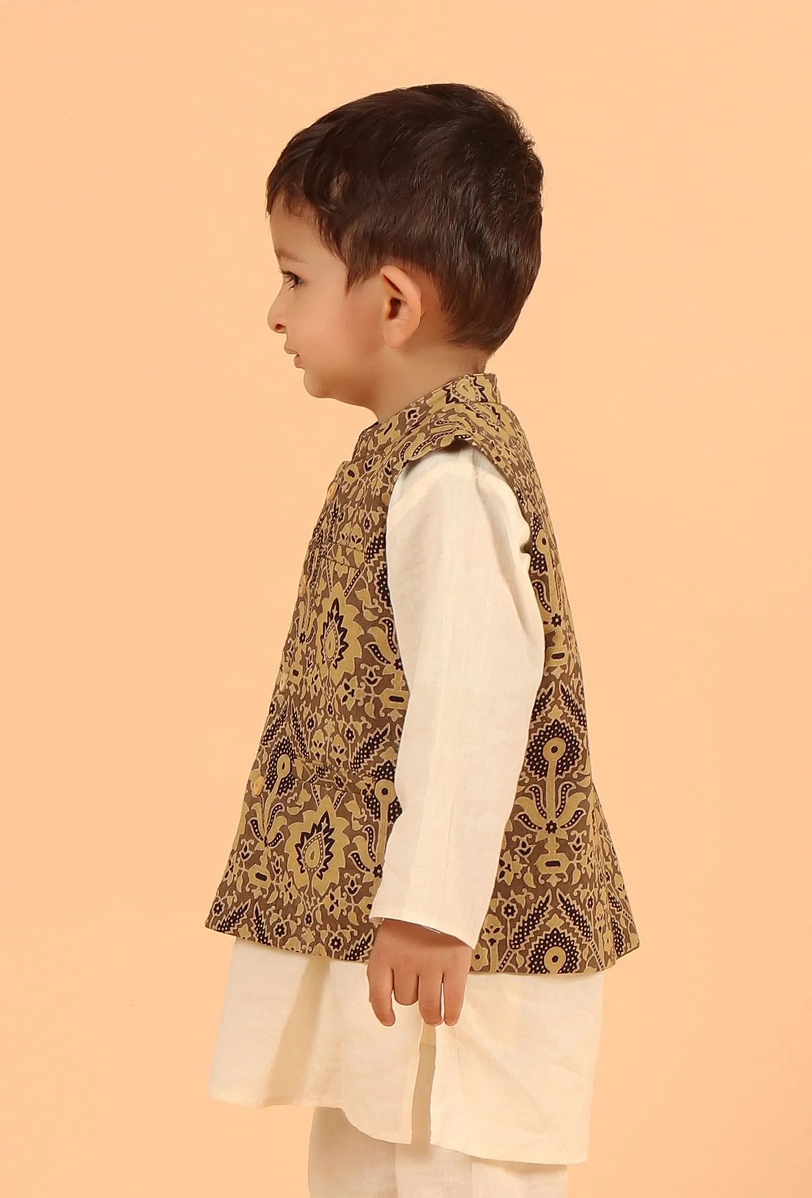 Ozas Khaki Ajrakh Print Cotton Nehru Jacket