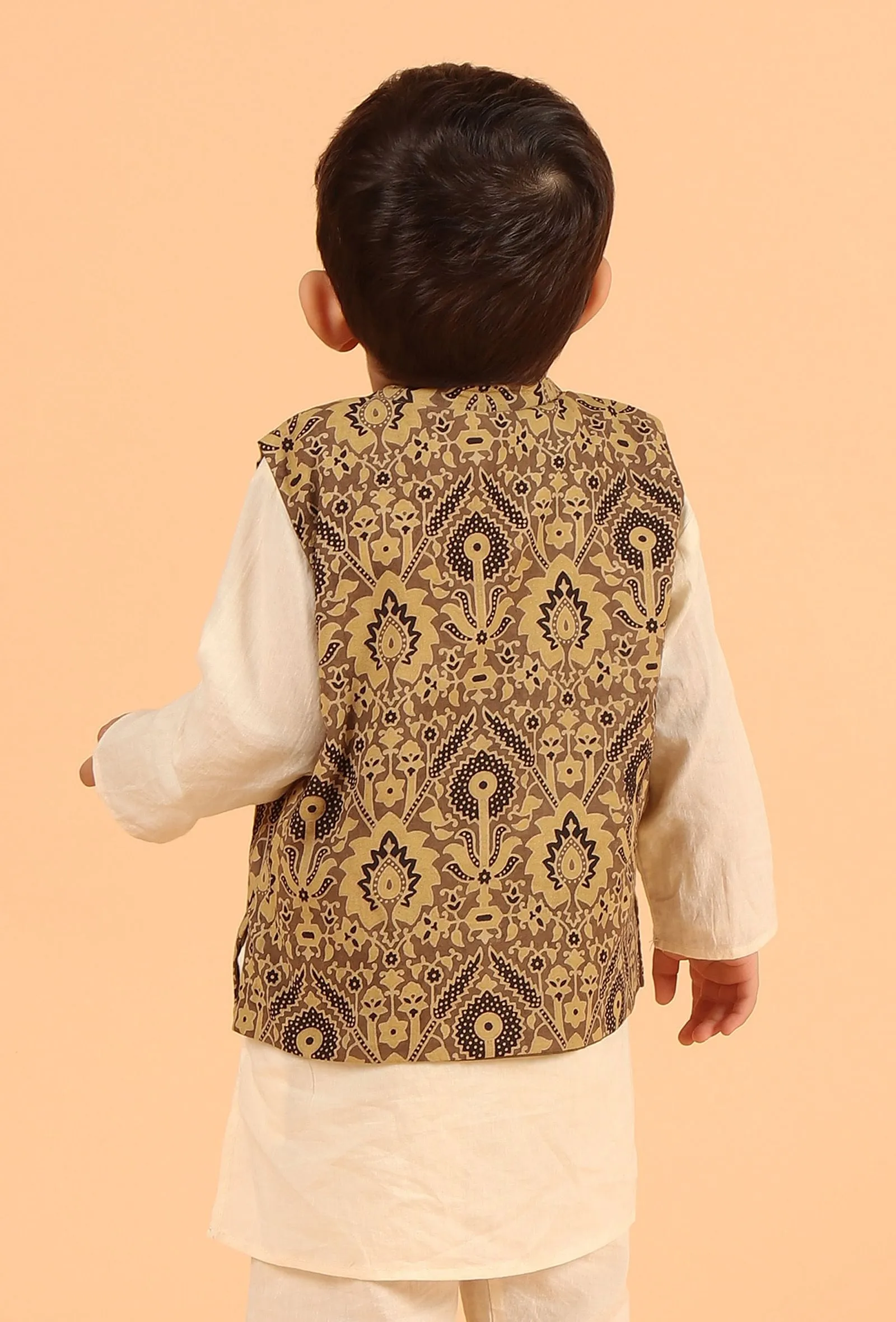 Ozas Khaki Ajrakh Print Cotton Nehru Jacket