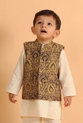 Ozas Khaki Ajrakh Print Cotton Nehru Jacket