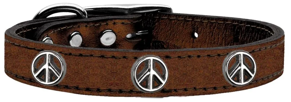 Peace Sign Widget Genuine Metallic Leather Dog Collar Bronze 20