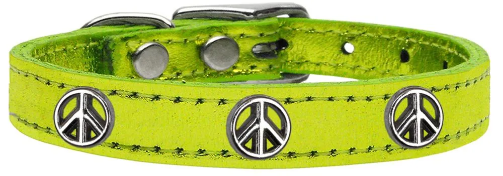 Peace Sign Widget Genuine Metallic Leather Dog Collar Lime Green 18