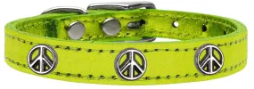 Peace Sign Widget Genuine Metallic Leather Dog Collar Lime Green 18