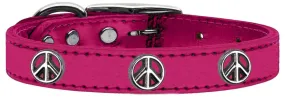 Peace Sign Widget Genuine Metallic Leather Dog Collar Pink 18