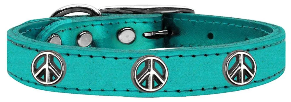 Peace Sign Widget Genuine Metallic Leather Dog Collar Turquoise 20