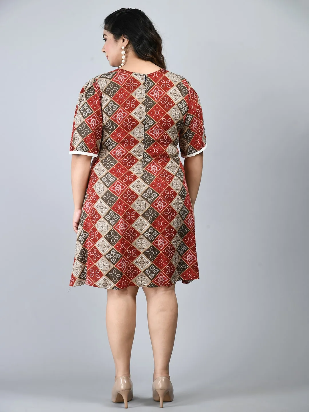 Plus Size Plus Size Red Bandhani Printed Ethnic Dress