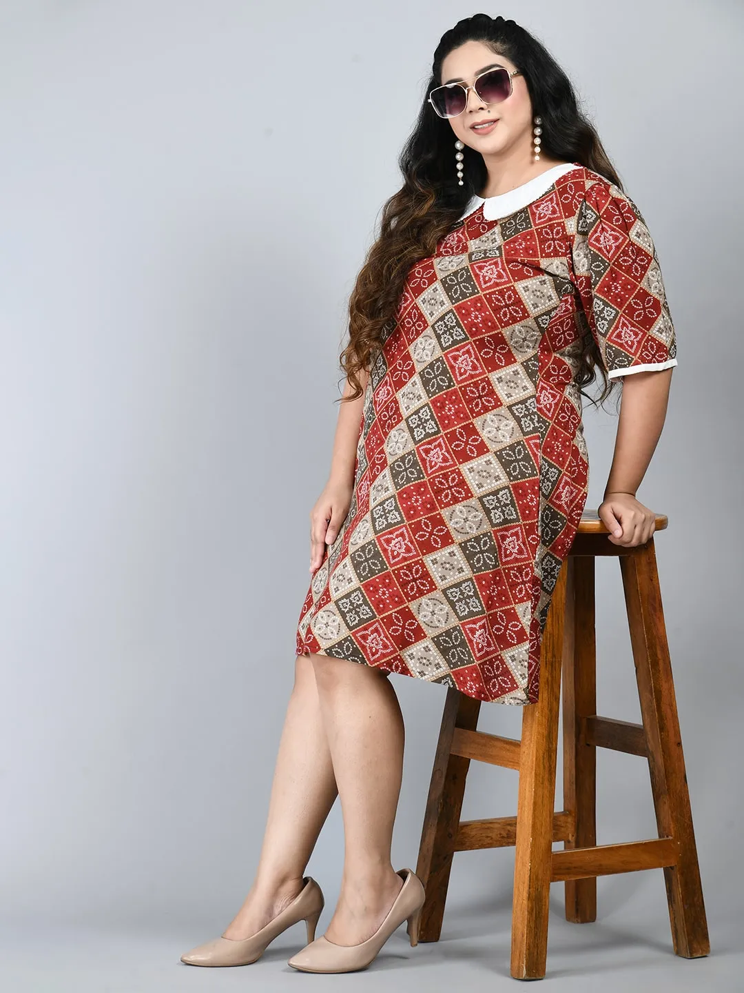 Plus Size Plus Size Red Bandhani Printed Ethnic Dress