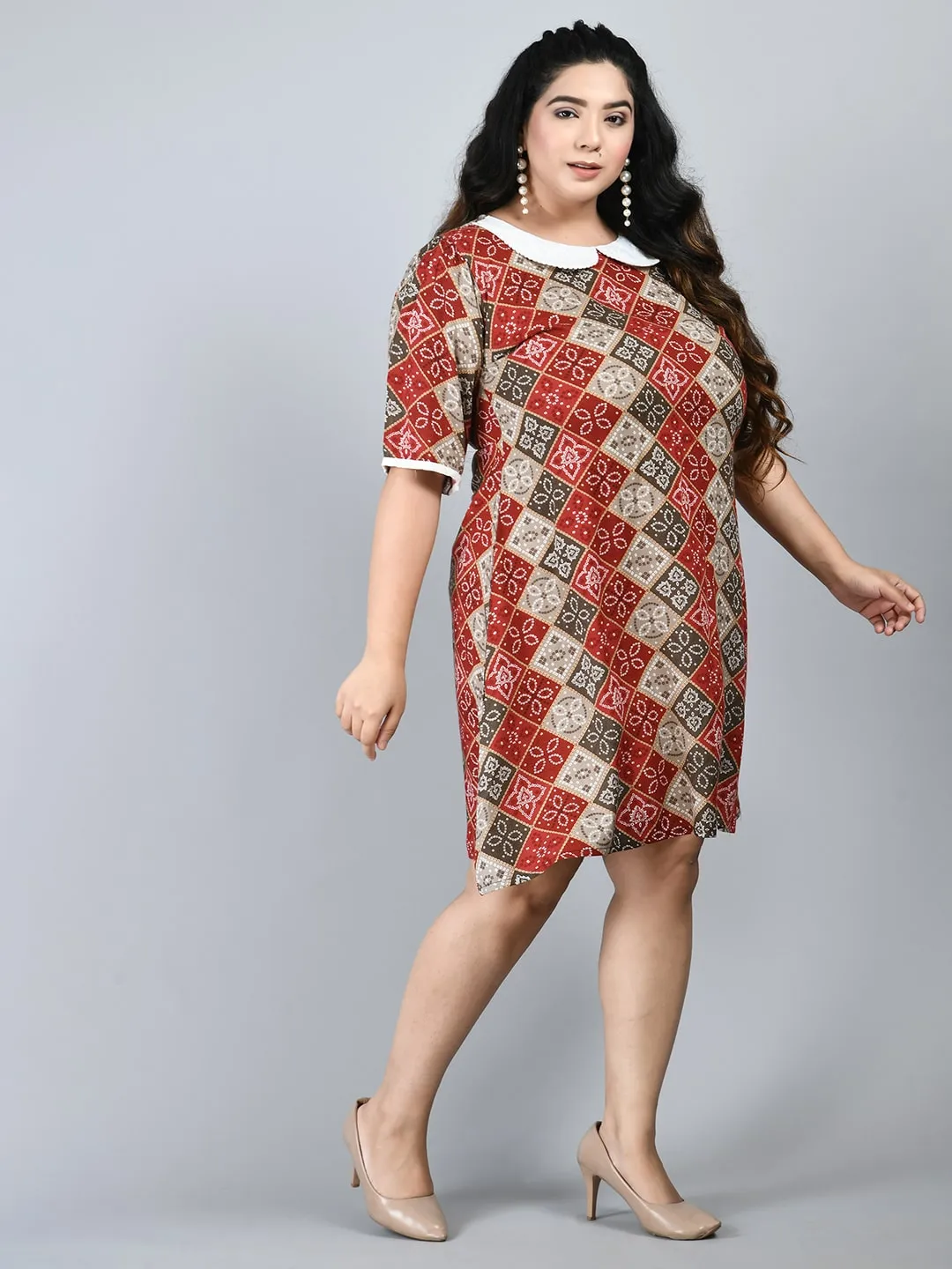 Plus Size Plus Size Red Bandhani Printed Ethnic Dress