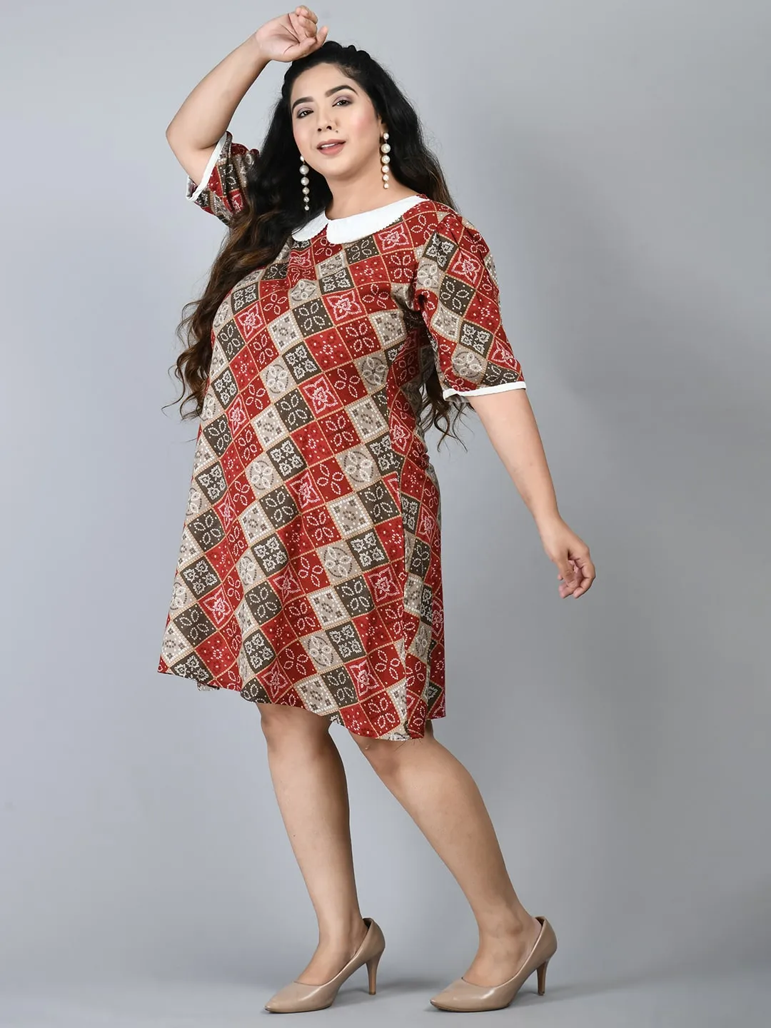 Plus Size Plus Size Red Bandhani Printed Ethnic Dress