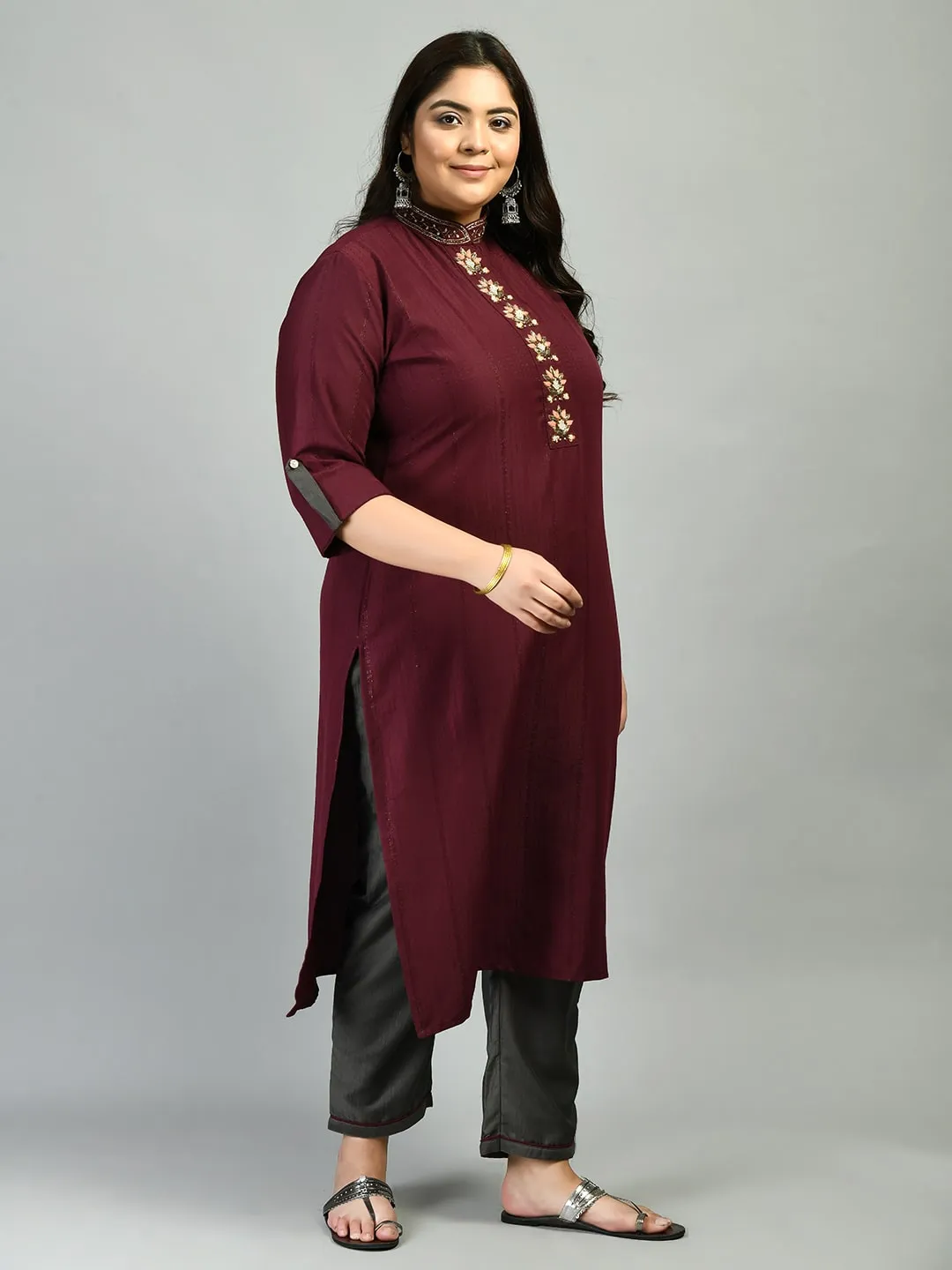 Plus Size Wine Mandarin Collar Kurta Set