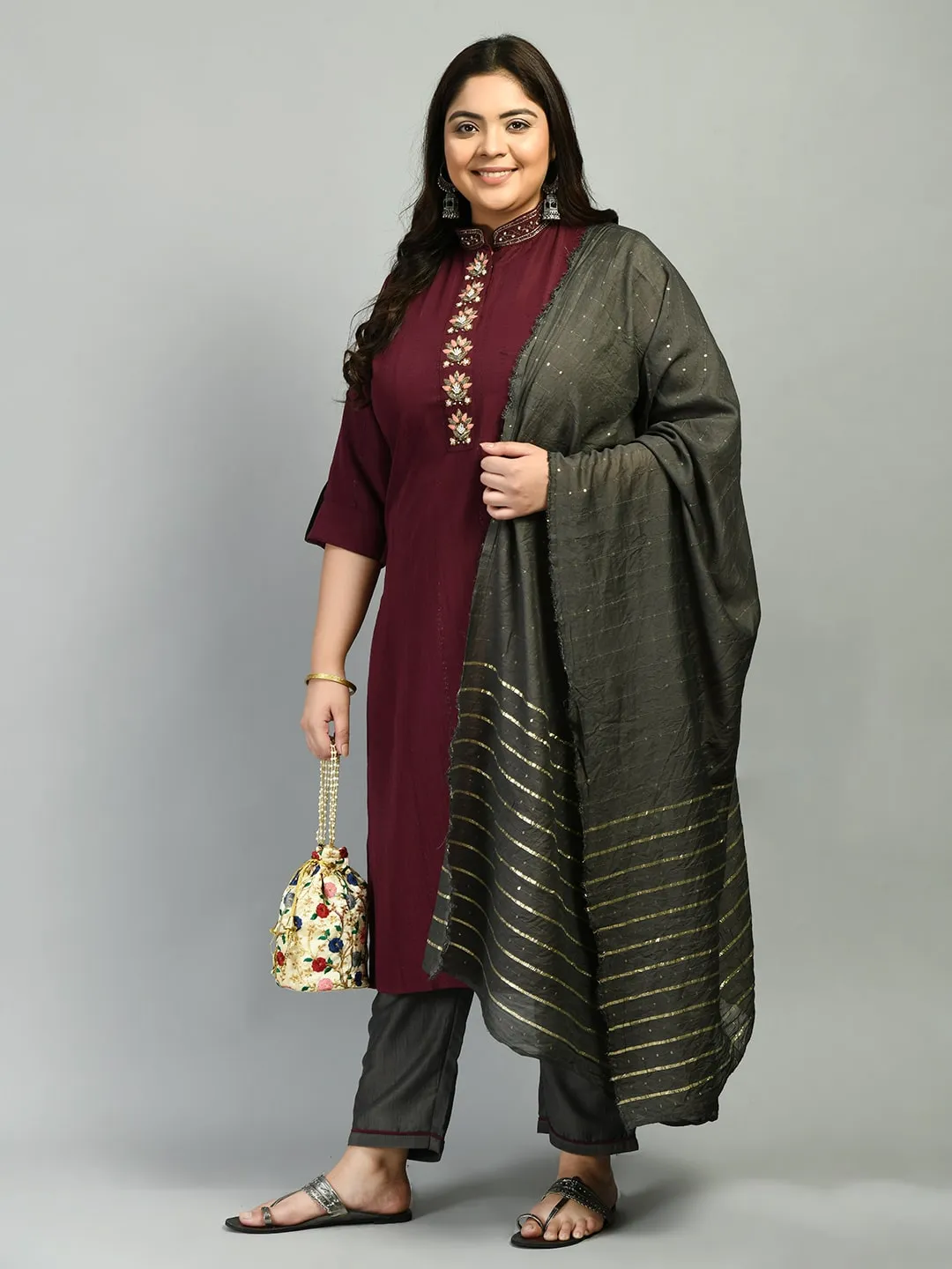 Plus Size Wine Mandarin Collar Kurta Set