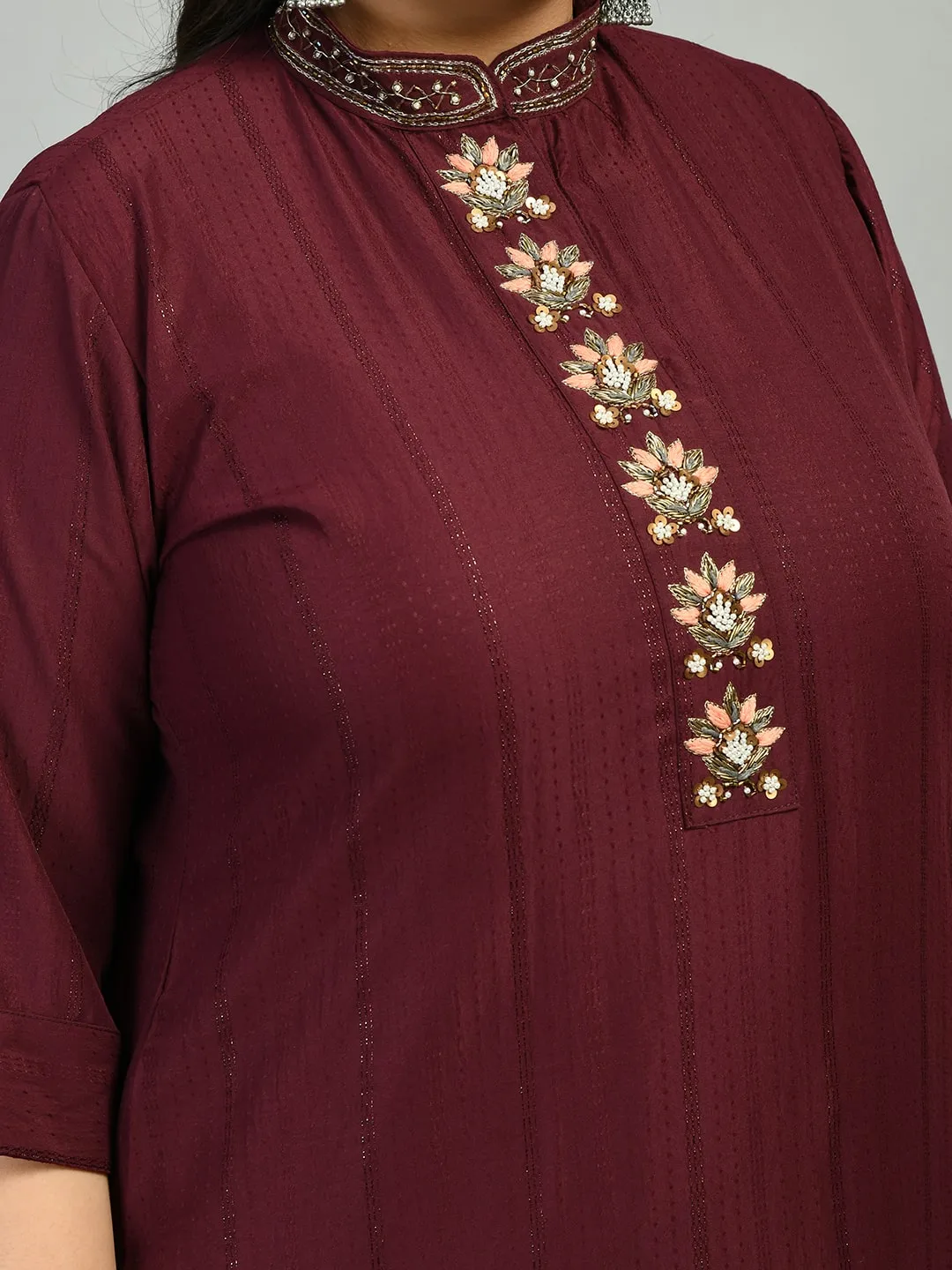 Plus Size Wine Mandarin Collar Kurta Set