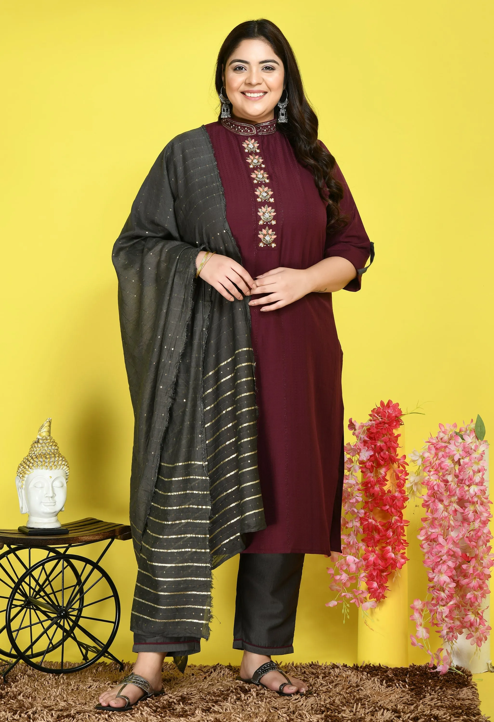 Plus Size Wine Mandarin Collar Kurta Set