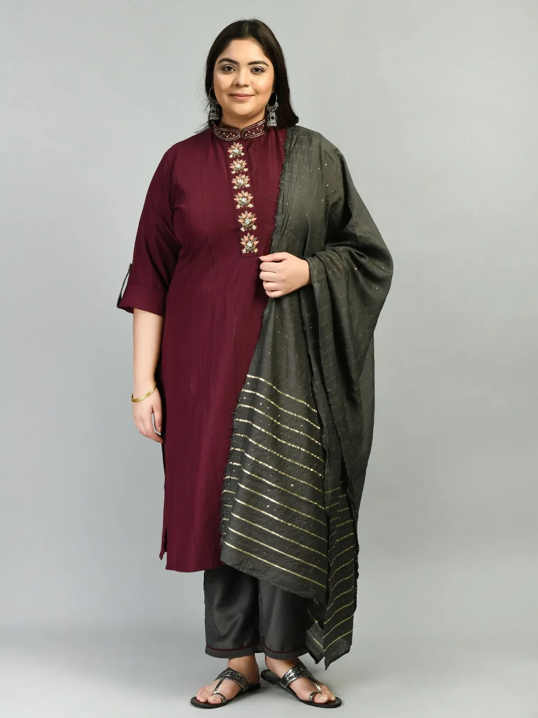 Plus Size Wine Mandarin Collar Kurta Set