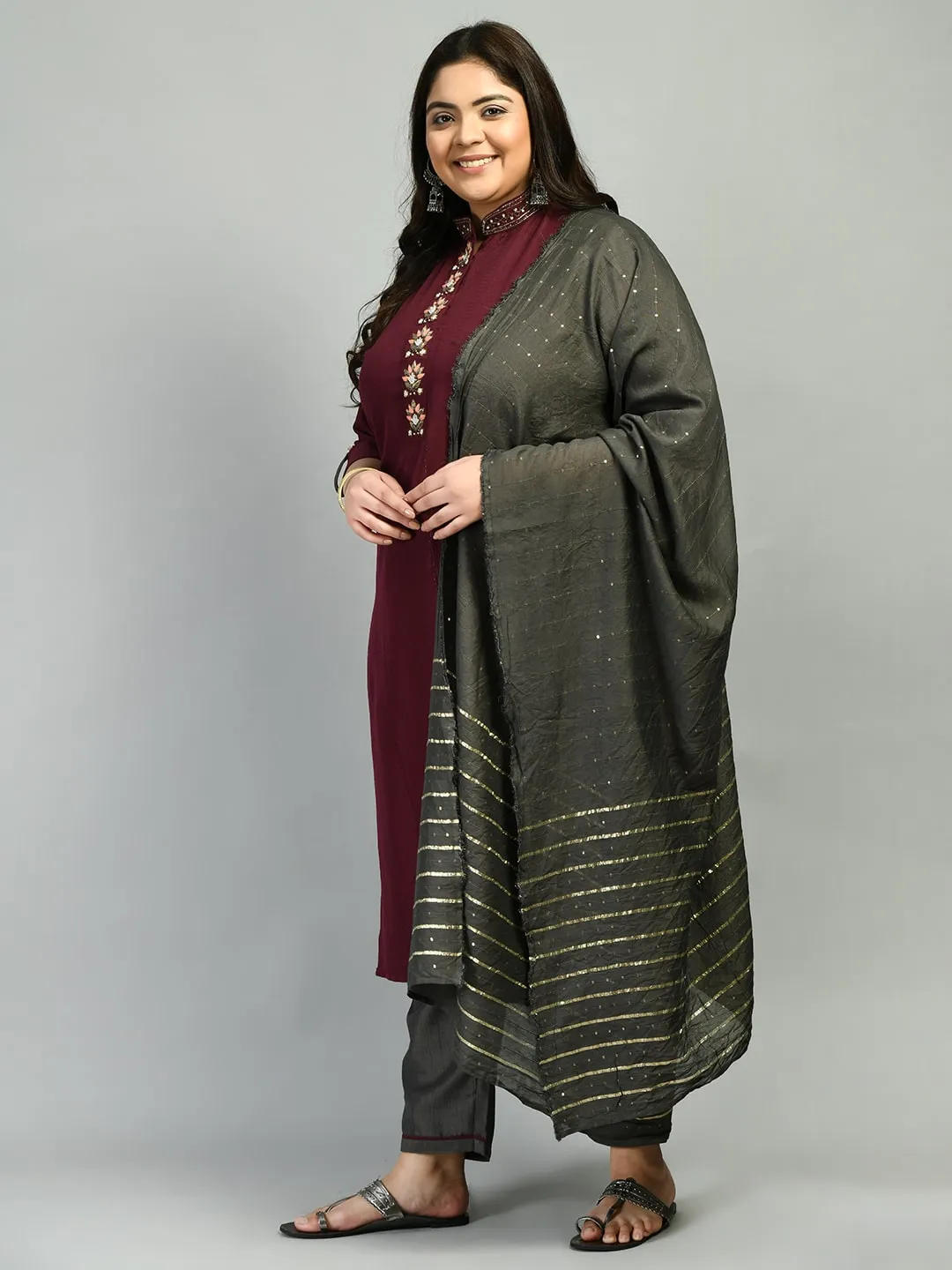 Plus Size Wine Mandarin Collar Kurta Set