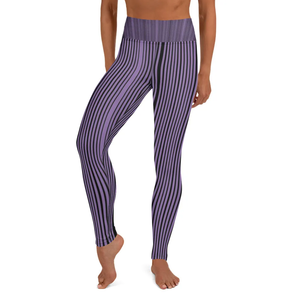 Purple Striped Women's Yoga Leggings, Vertically Striped Black Long Gym Tights-Made in USA/EU