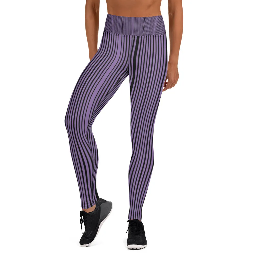 Purple Striped Women's Yoga Leggings, Vertically Striped Black Long Gym Tights-Made in USA/EU