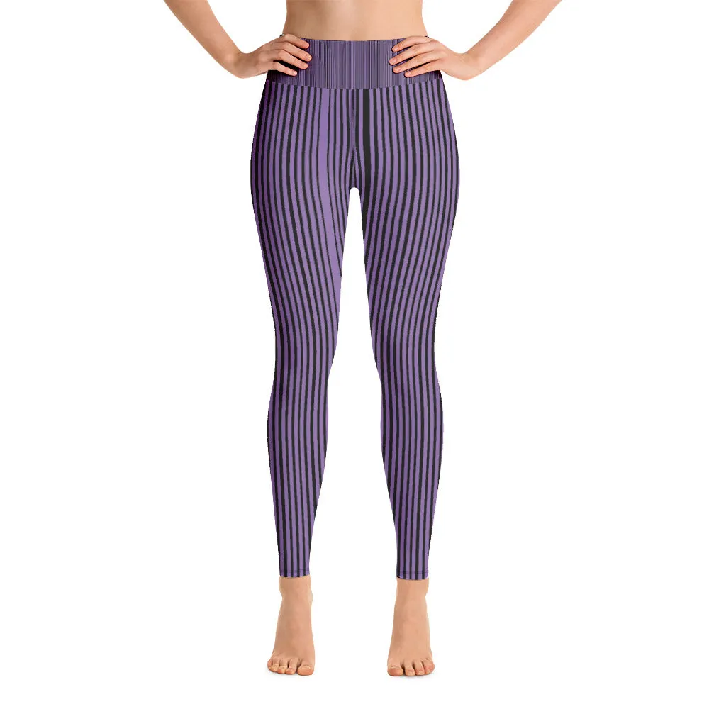 Purple Striped Women's Yoga Leggings, Vertically Striped Black Long Gym Tights-Made in USA/EU